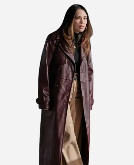 Janel Parrish Family History Mysteries Buried Past Leather Coat In Maroon