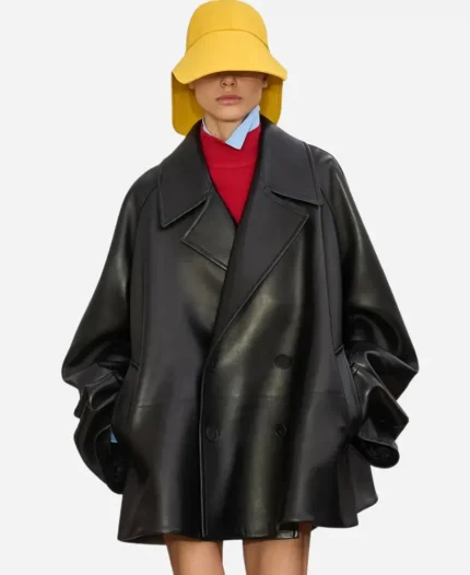 Loewe AW26 Show Aubrey Plaza Oversized Black Leather Jacket