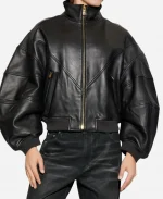 Rihanna LA Date Night Black Leather Bomber Jacket