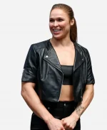 Ronda Rousey UFC 2026 Black Short-Sleeve Cropped Leather Jacket
