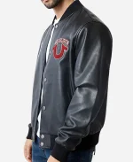 True Religion Black Leather Bomber Varsity Jacket