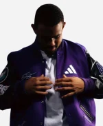 Adidas x Huckmade Julio Rodríguez Wool & Leather Varsity Jacket In Purple & Black