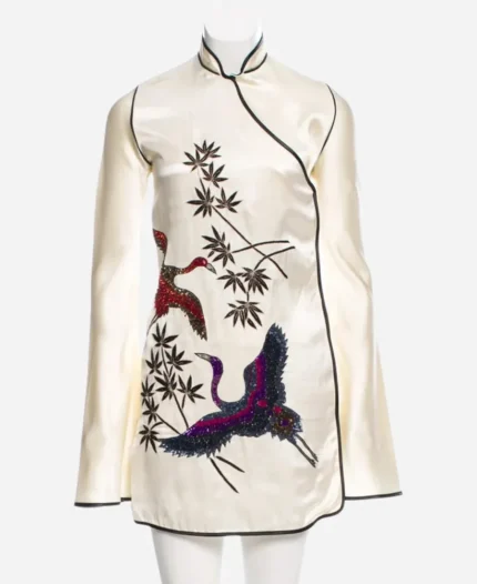 Alexa Demie Tv Series Euphoria S03 Maddy Perez White Silk Crane Print Kimono Dress
