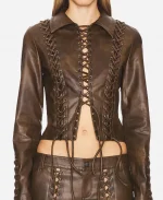 Arielle Kebbel Marshals 2026 Belle Skinner Brown Lace Up Leather Jacket