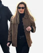 Bella Hadid 2026 Milan Fashion Week Brown Suede Leather Jacket