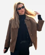 Bella Hadid 2026 Milan Fashion Week Suede Leather Jacket In Brown