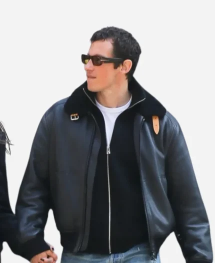 Callum Turner New York City 2026 Black Shearling Leather Jacket