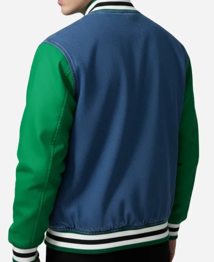 Classic Snap Button Denim Varsity Bomber Jacket