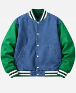 Classic Snap Button Denim Varsity Bomber Jacket For Sale