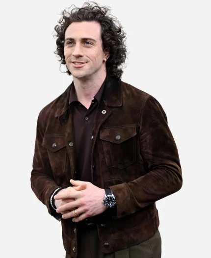 Fuze London Photocall Aaron Taylor-Johnson Dark Brown Suede Leather Jacket