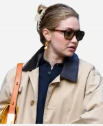 Gigi Hadid 2026 NYC Khaki Leather Collar Cotton Trench Coat