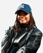 Halle Bailey Yankee Stadium 2026 Leather blazer