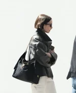 Lily Collins 2026 Mom-Off-Duty Style ACNE Studios Black Distressed Leather Jacket
