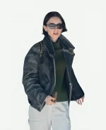 Lily Collins 2026 Mom-Off-Duty Style ACNE Studios Black Leather Jacket