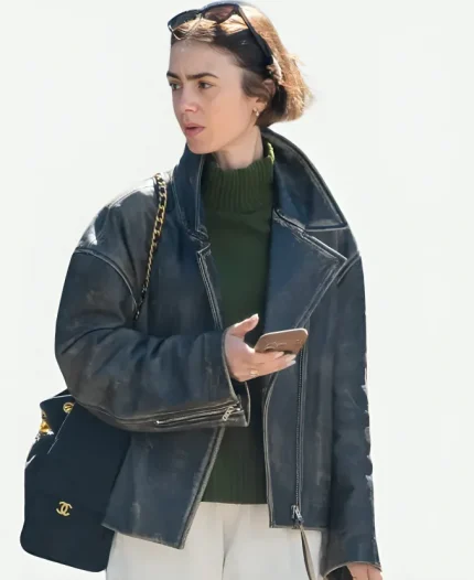 Lily Collins 2026 Mom-Off-Duty Style Leather Jacket