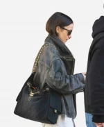 Lily Collins 2026 Mom-Off-Duty Style Leather Jacket In Black