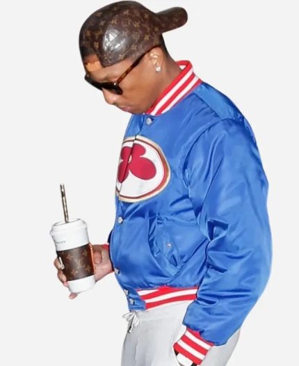 MLB World Series 2026 Game 1 Opening  Performance Pharrell Williams Blue Satin Varsity Bomber Jacket