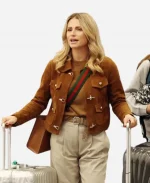 Michelle Hunziker Milan Airport 2026 Chestnut Brown Suede Leather Jacket