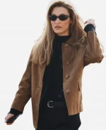 Milan Fashion Week 2026 Bella Hadid Brown Suede Leather Jacket