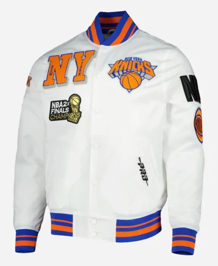 New York Knicks NBA 2x Finals Champions Mash Up Capsule White Satin Jacket