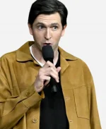 Nicholas Braun CinemaCon 2026 Promote The Sheep Detectives Brown Suede Leather Jacket
