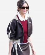 Nina Dobrev FW26 Miu Miu Paris Fashion Show Cropped Suede Jacket