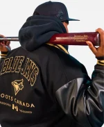 Roots Toronto Blue Jays 50th Anniversary Merch Black Leather Bomber Varsity Jacket