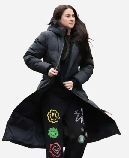 Shailene Woodley Count Me Lies 2026 Sloane Caraway Black Hooded Puffer Coat