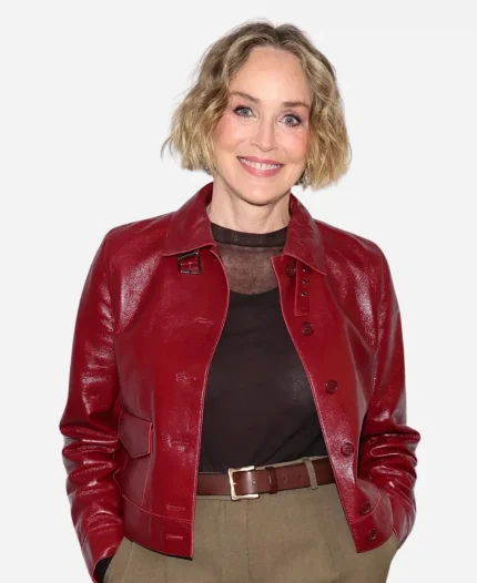 Sharon Stone SiriusXM Studios NYC 2026 Red Leather Jacket