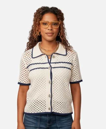 Skye Townsend TV Series The Neighborhood S08 Courtney White Crochet Polo Top