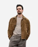 Theo James Fuze 2026 London Photocall Brown Suede Leather Jacket