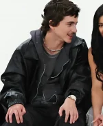 Timothee Chalamet NBA 2026 New York Knicks vs Atlanta Hawks Game 2 Black Jacket