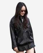 Yerin Ha FW26 Miu Miu Paris Fashion Show Black Leather Jacket