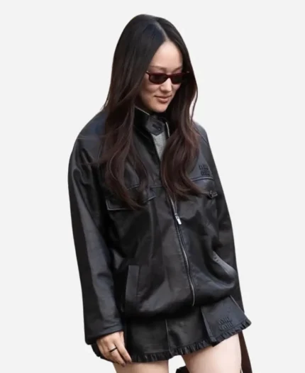 Yerin Ha FW26 Miu Miu Paris Fashion Show Black Leather Jacket