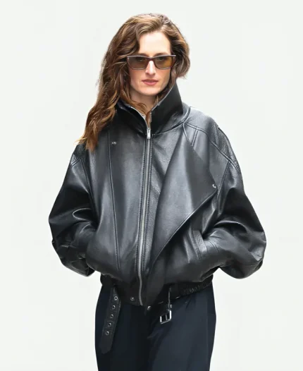 2026 ABC Studio Hudson Square NYC Grace Gummer Oversized Black Leather Jacket