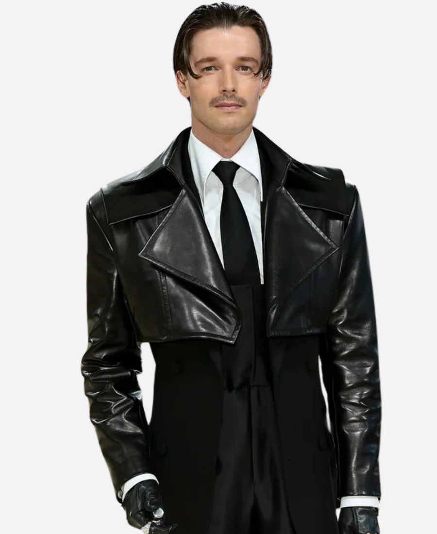 2026 Met Gala Patrick Schwarzenegger Black Leather Cropped Jacket 2026 Met Gala Patrick Schwarzenegger Black Leather Cropped Jacket