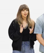 Taylor Swift NBA playoffs Cavaliers vs. Knicks Patchwork Black Denim Bomber Jacket