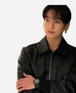 2026 Watch Event Jeon Jung Kook Black Leather Bomber Jacket