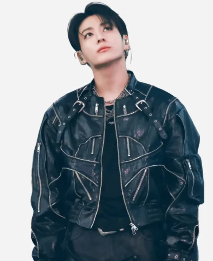 BTS Arirang World Tour 2026 Stanford Jungkook Black Biker Leather Jacket