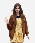 Barbara Palvin 2026 Paris Fashion Week FW26 Miu Miu Brown Suede Jacket