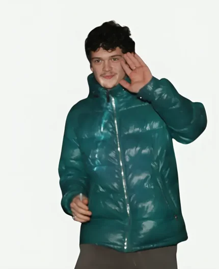 Harold Pinter Theatre 2026 Noah Jupe Teal Hooded Puffer Jacket