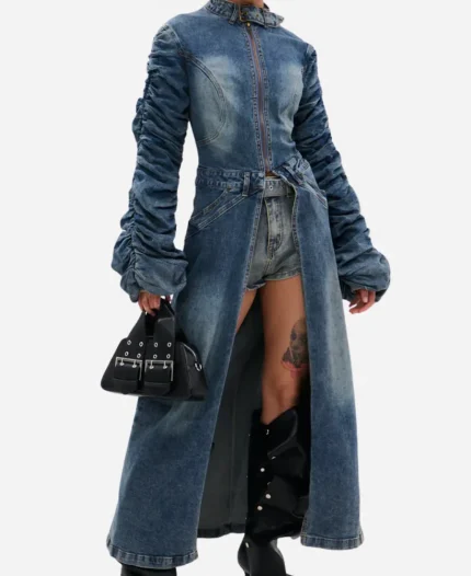 Keyla Richardson Tv Show American Idol S24 Denim Ruched Sleeves Trench Coat