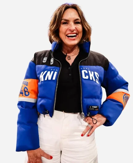 NBA Eastern Conference Finals Game 2 Knicks Vs Cavaliers Mariska Hargitay Blue Varsity Cropped Jacket