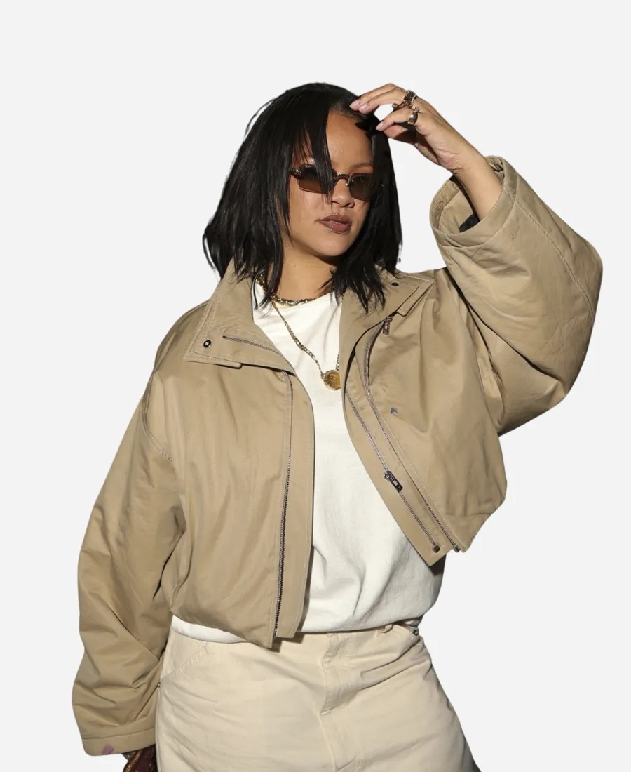 NYC 2026 Rihanna Khaki Cropped Jacket New York City SoHo 2026 Rihanna Oversized Khaki Cropped Jacket