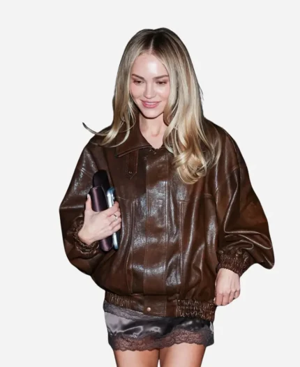 SAG-AFTRA Landman Conversations NYC 2026 Michelle Randolph Brown Leather Bomber Jacket