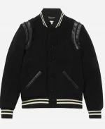 Saint Laurent Teddy Black Leather-Trimmed Wool Bomber Jacket