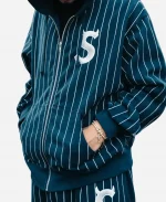 Supreme Devil S Logo Stripped Hooded Jacket - Navy Blue