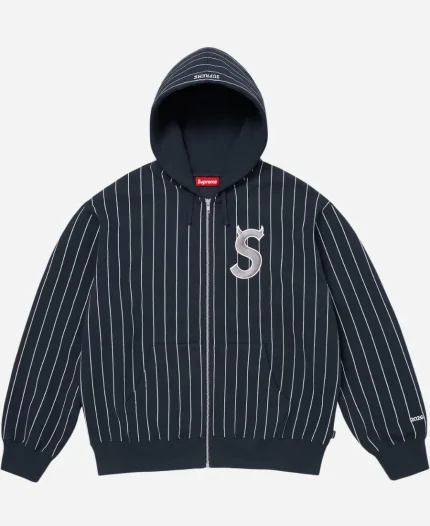 Supreme Devils Logo Navy Blue Stripped Zip Up Hooded Jacket