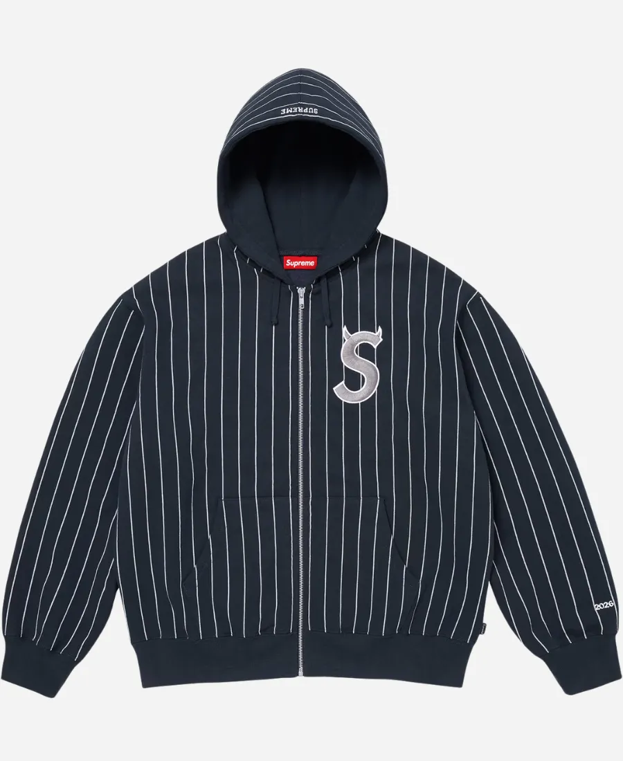 Supreme Devils Logo Navy Blue Stripped Zip Up Hooded Jacket Supreme Devils Logo Navy Blue Stripped Zip Up Hooded Jacket