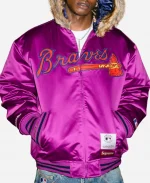 Supreme x Mitchell & Ness SS26 Atlanta Braves Purple Satin Hooded Varsity Jacket